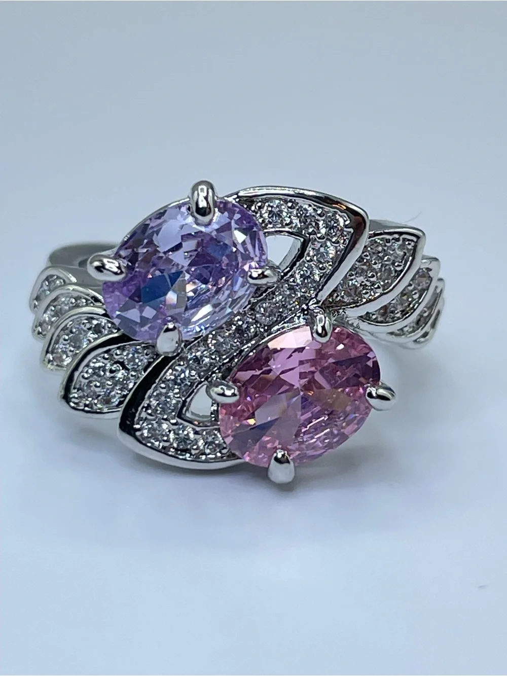 Swarovski Crystal Elements Pink Purple Crystal Art Deco Statement Ring Silver